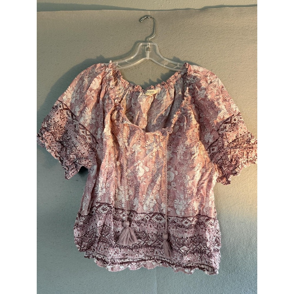Lucky Brand Blouse Womens XL Pink Floral Tassel Boho Peasant Short Sleeve Top